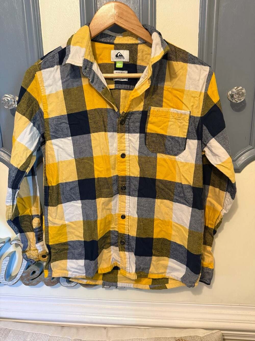 Kids Quiksilver Yellow Blue White Plaid Regular Fit Flannel Size L